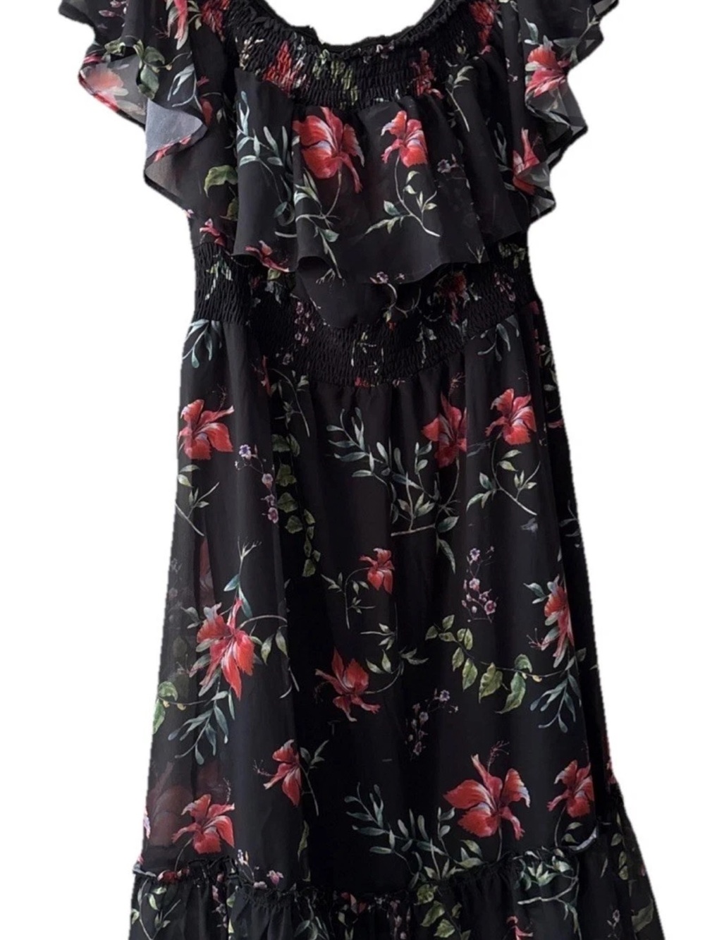 Black Floral Ruffle Off-Shoulder Dress with Red Blooms